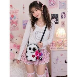Voodoo Doll Crossbody Bag Goth Punk Kawaii Creepy Cute Purse w/ Charms Blk Strap